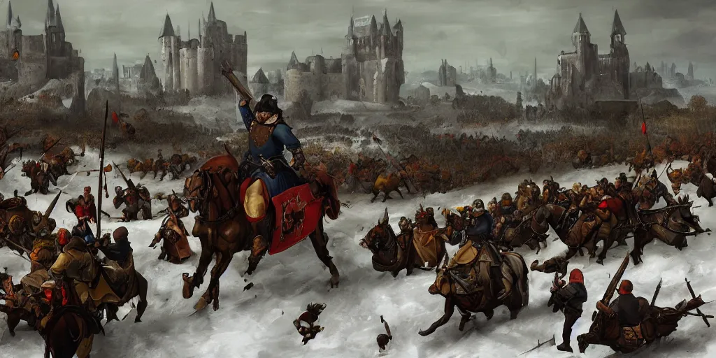 Image similar to RTS gameplay third person in style of Brueghel paintings, painting, Stronghold strategy gameplay, high detailed,dark fantasy, dark tones, medieval, snow, buildings, castle, armored units, cavalry,RPG, high detailed, contrast, octane render,mill, farm, creative