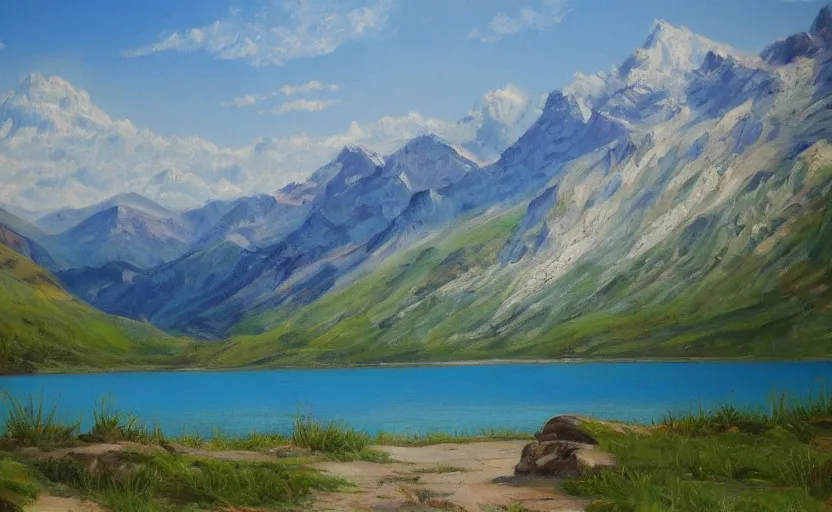 Prompt: a beautiful lake with mountains in the background, oil painting, trending on artstation, highly detailed