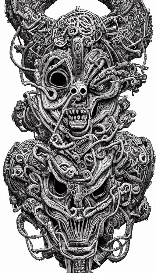 Image similar to ancient biomechanical hybrid aztec fantasy human serpent demon face mask tattoo pattern concept, teonanacatl glyph, intricate artwork by, Johnatan Wayshak, Zdizslaw Beksinski, Artgerm, H.R. Giger, very coherent artwork, cinematic, hyper realism, high detail, octane render, unreal engine, 8k, High contrast, higly detailed black ink outline, crosshatch sketch gradient