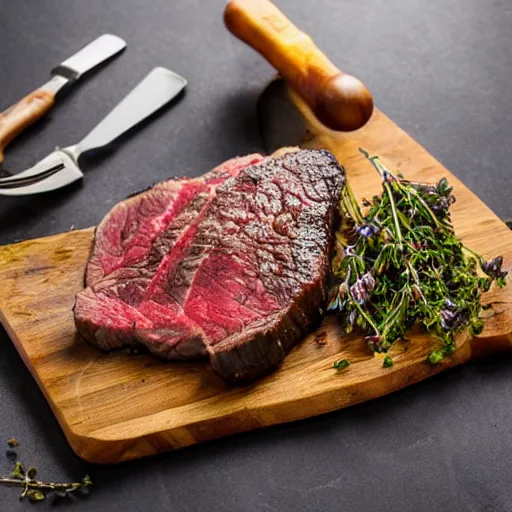 Image similar to promotional photo steak on plate left of shot butchers block and slate background, thyme herbs on table