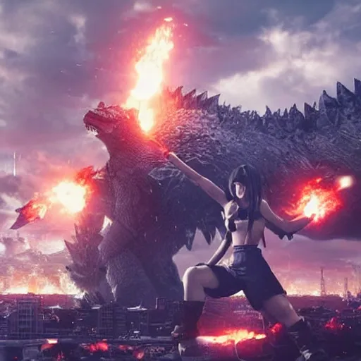 Image similar to a giant tifa from final fantasy 7 remake destroying a city like godzilla while smiling, digital art, octane render, award winning, very detailed, full body portrait, 3d render, detailed facial expressions, destroyed city, destruction, fire, video game art, no text