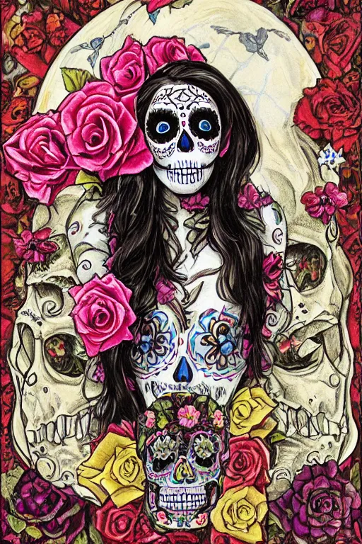 Image similar to Illustration of a sugar skull day of the dead girl, art by james gurney