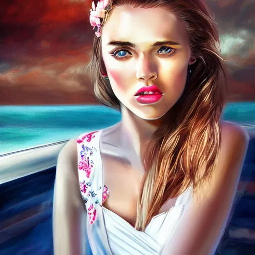 Prompt: beautiful russian models on a yacht wearing a white dress, detailed face with pink lips, blue eyes and large forehead, moody lighting, peaceful atmosphere, digital art, highly detailed, high contrast, beautiful lighting, award winning, trending on art station, 8 k,