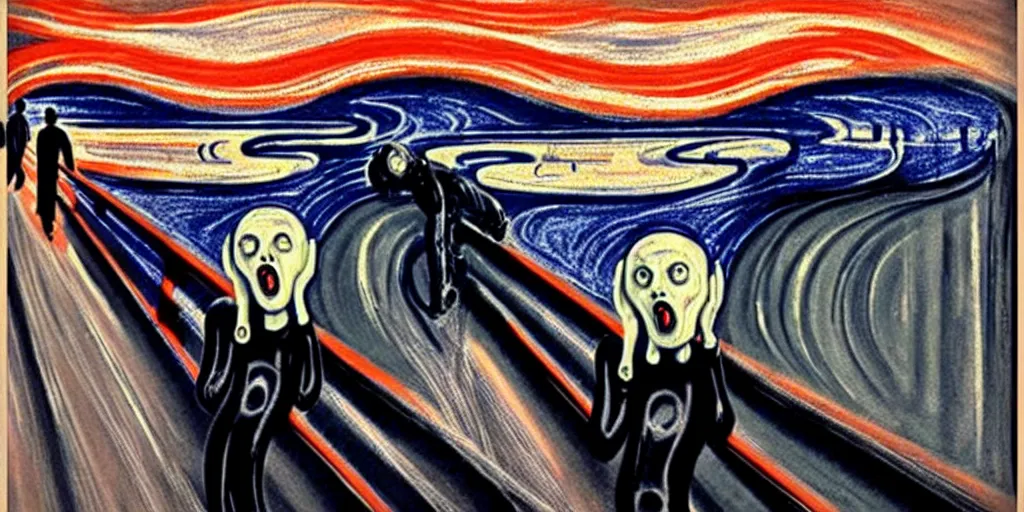 Image similar to The Scream painting realistic robot inspired by black widow by white night on art station