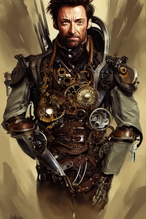 Prompt: hugh jackman as a steampunk cyborg, portrait, western, steampunk, duster, fantasy, intricate, elegant, highly detailed, digital painting, artstation, concept art, sharp focus, illustration, art by artgerm and greg rutkowski and alphonse mucha