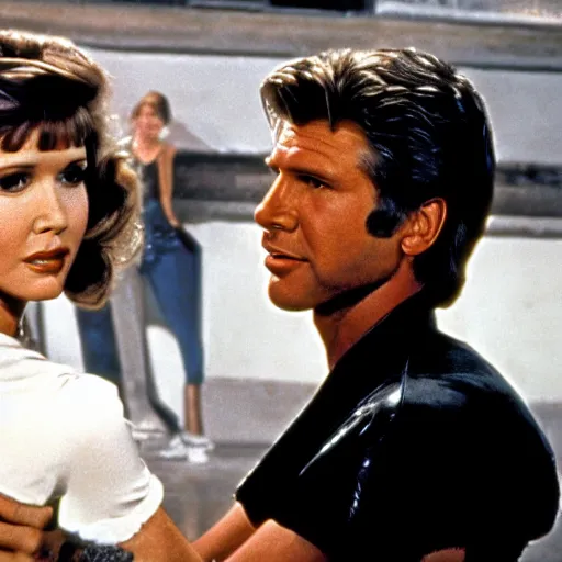 Image similar to harrison ford and carrie fisher in grease, 1 9 7 8