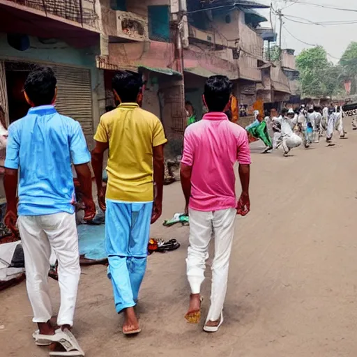 Image similar to four tamil friends playing a game of cricket, on an indian street, photorealistic, 4 k