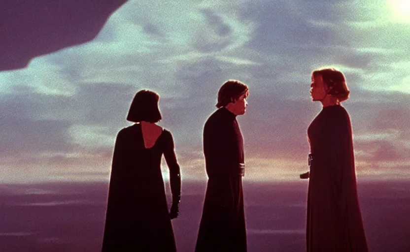 Image similar to iconic wide cinematic screen shot of luke skywalker facing a female sith lord, standing with a view of coruscant at sunset, from the thrilling scene from the 1 9 9 0 s sci fi film directed by stanley kubrick, moody cinematography, foggy volumetric lighting, hyper detailed scene, anamorphic lenses 2 4 mm, lens flare, award winning