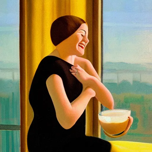 Image similar to oil painting of woman smiling with her eyes closed as she bathes in milk, evening moody lighting from art deco window