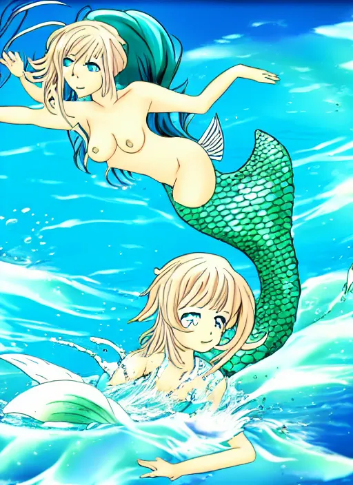 Prompt: mermaid girl swiming in water, water splash, anime style, manga