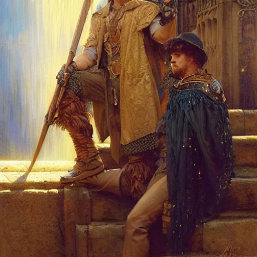 Image similar to stunning arthur pendragon in love with stunning male merlin the mage. they are close to each other. highly detailed painting by gaston bussiere, craig mullins, j. c. leyendecker