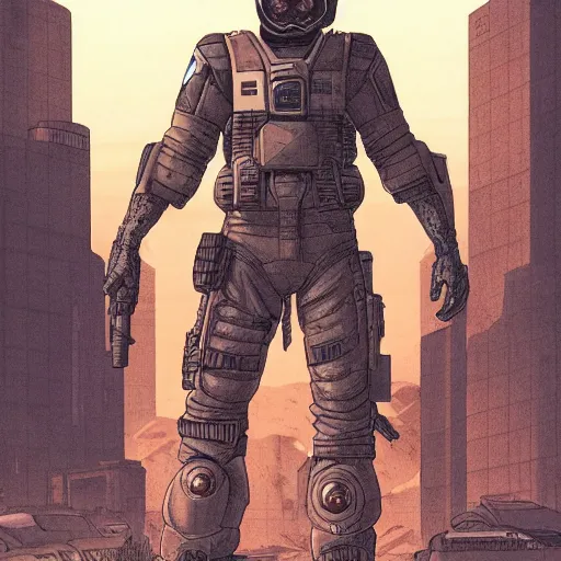 Prompt: a cyberpunk soldier with tactical gear and a rifle patrolling a city on mars, Industrial Scifi, detailed illustration, character portrait, by Martin Grip and Moebius