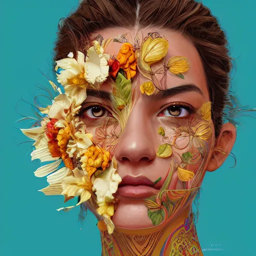 Image similar to the portrait of an absurdly beautiful, graceful, elegant young latina woman made of bananas and petals looking up, an ultrafine detailed illustration by kim jung gi, irakli nadar, intricate linework, bright colors, octopath traveler, final fantasy, angular, unreal engine 5 highly rendered, global illumination, radiant light, detailed and intricate environment