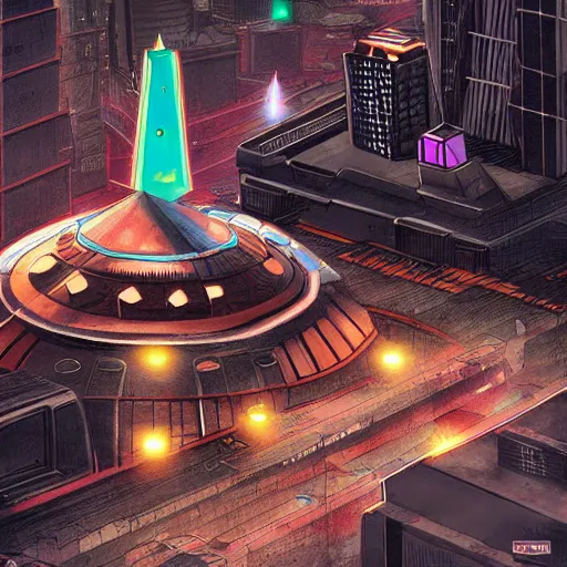 Prompt: flying saucer with a pyramid top shooting at a cyberpunk city, very detailed, realistic, many colors, art by invincible,