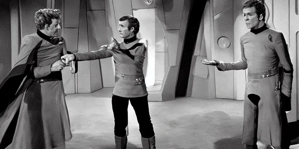 Image similar to Doctor Who in the role of Captain Kirk in a scene from Star Trek the original series