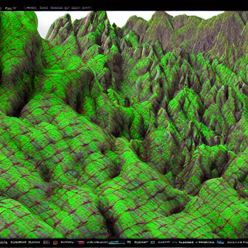 Image similar to a computer generated image of a mountain landscape, an ambient occlusion render by miyamoto, polycount, ecological art, prerendered graphics, made of vines, ambient occlusion