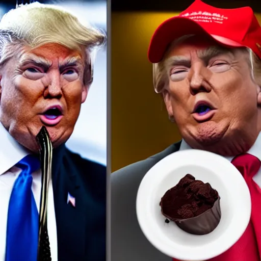 Image similar to donald j. trump projectile vomiting chocolate pudding onto liberals