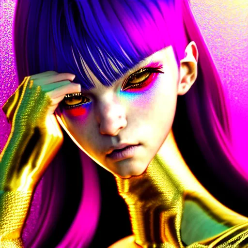 Image similar to hyperdetailed portrait of a stunningly beautiful cyberpunk cutie european girl with dark hair guard made of iridescent metals and shiny pink gems, bright rainbow nimbus, gold necklace, gold background inspired by ross tran and masamune shirow and kuvshinov, intricate, photorealistic, octane render, rtx, hdr, unreal engine, dnd digital art by artgerm