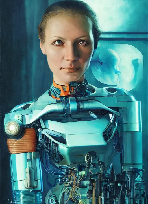 Image similar to portrait of a cyborg female scientist, cinematic light, looking to the side off camera, backlight glow, teal orange, mist, by gerald brom, by mikhail vrubel, by peter elson, muted colors, extreme detail, trending on artstation, 8 k