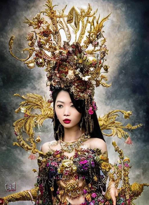 Image similar to expressive full body photo of an asian female model, ornate headpiece made from flowers, ornaments, glamour shot, by karol bak, by stefan gesell, photorealistic, canon r 3, fashion photography, hyper maximalist, elegant, ornate, luxury, elite, environmental portrait, symmetrical features, octane render, unreal engine, solid dark grey background, dramatic lights