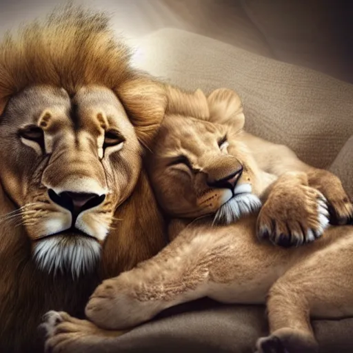 Prompt: Realistic image of lion and lamb sleeping together