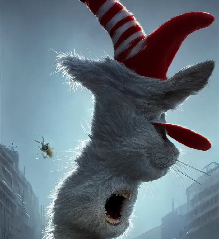 Image similar to complex 3 d render, hyper detailed, ultra sharp, of the cat in the hat, scary, funny, cinematic, natural soft light, rim light, art by greg rutkowski and craig mullins and moebius, dr seuss