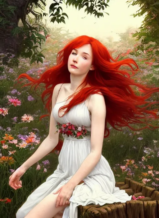 Prompt: a beautiful red haired girl in white dress sitting on wooden trunk in a garden holding a bunch of wild flowers, deep focus, d & d, fantasy, intricate, elegant, highly detailed, digital painting, artstation, concept art, matte, sharp focus, illustration, hearthstone, art by artgerm and greg rutkowski and alphonse mucha