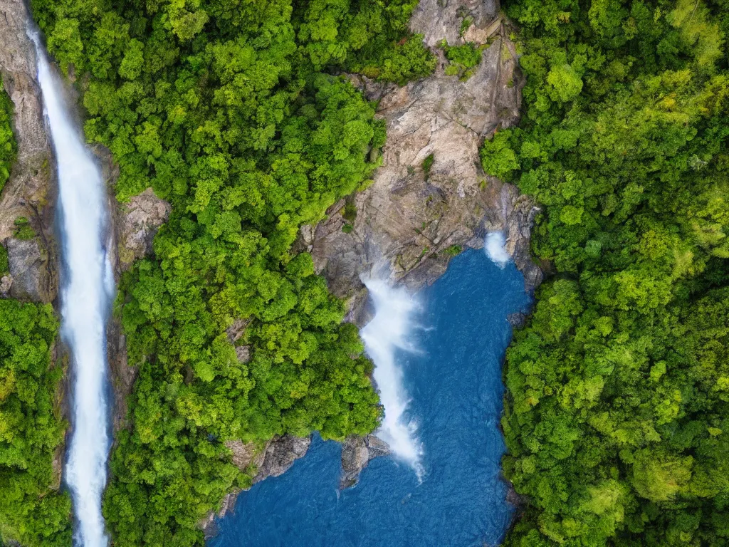 Prompt: dreamy aerial view of a gorgeous waterfall in a secluded island, highly detailed vibrant valley, drone photography, landscape photography, photorealism, smooth 4k