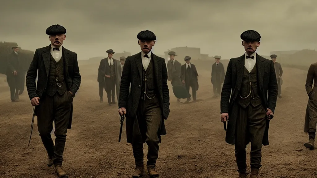 Prompt: the peaky blinders with prickly pears heads, film still from the movie directed by denis villeneuve with art direction by zdzis