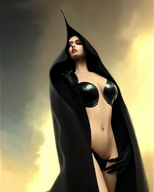 Image similar to detailed portrait of beautiful lady in black coat, seductive confident pose, attractive feminine curves, intricate, futuristic, elegant cape, elegant, photorealism, trending on artstation, holy halo, advanced technology, art by moebius and vitaly bulgarov and peter mohrbacher