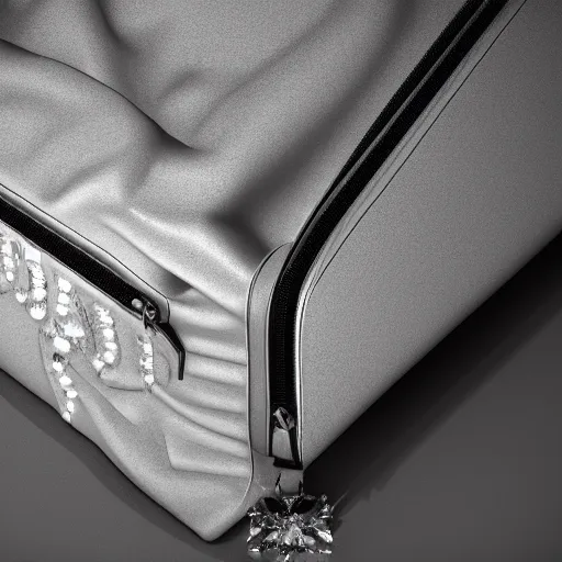 Image similar to a luxiourious zipped open dufflebag piling out with big diamonds, 3D render, studio lighting