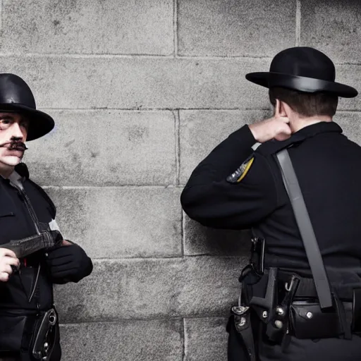Image similar to Photograph of a man dressed as a London police inspector with a stern look. He is pointing his handgun towards a frightened young man with long hair against a stone wall. 4K, dramatic lighting