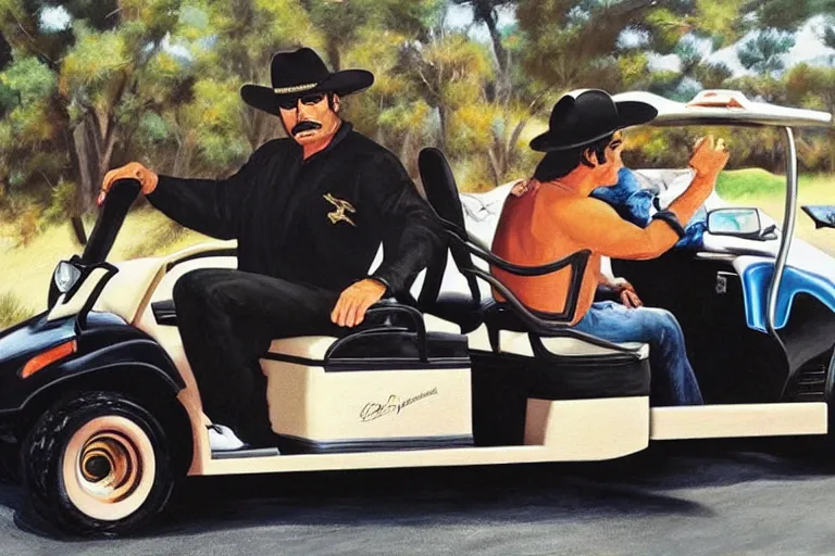 Image similar to black velvet painting of burt reynolds from smokey and the bandit driving a golf cart