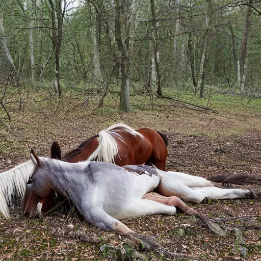 Image similar to two badly hurt horses with some arrows on their body, lying on the woods path, dense thickets on each side, photo, 8 k