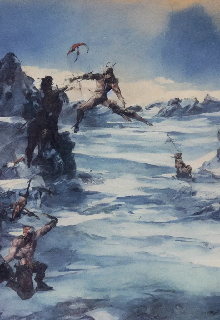 Prompt: cool plains dream ice frozen lake in the style of Frank Frazetta