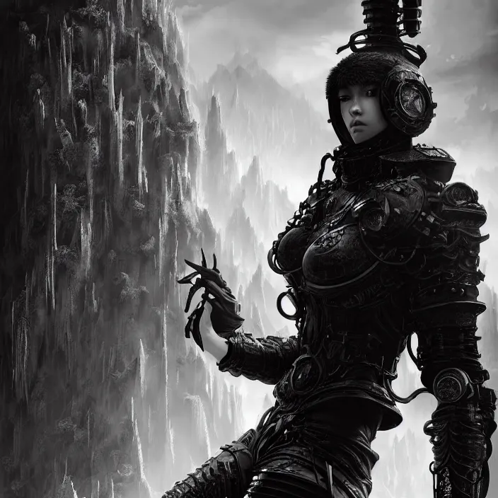 Image similar to a vertical portrait of a character in a scenic environment by nihei tsutomu, black and white, dreamy, steampunk bioarmor, highly detailed, 3 d render, vray, octane, realistic lighting