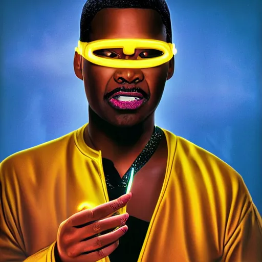 Prompt: a hyper realistic ultra realistic photograph of Geordi La Forge spitting up neon gravy, highly detailed, 8k photograph