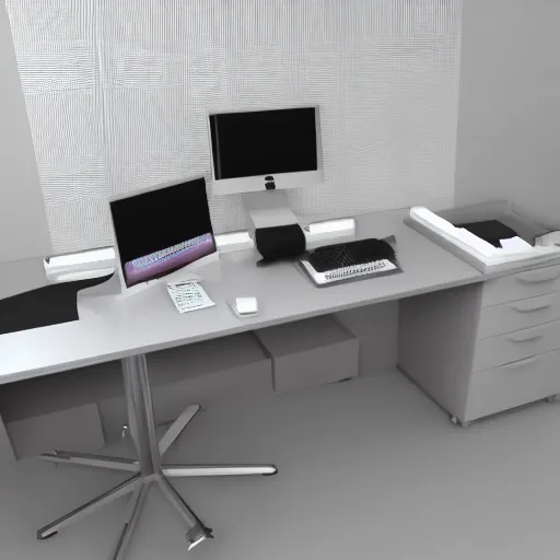 Image similar to 3 d rendering desk setup, colors # f 7 fbed, # 4 7 bab 7