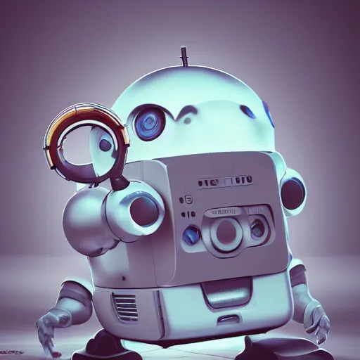 Image similar to two small chubby bots, hyperdetailed damaged surface, smooth scratched panelling, intricate detail, holding a battery, single eye, cute, intricate arms, antenna, floating, white studio, cute mechanical toy, gameboy advanced, ambient light, in the style of pixar animation poster, pokedstudios, blender, octane render, 8 k,