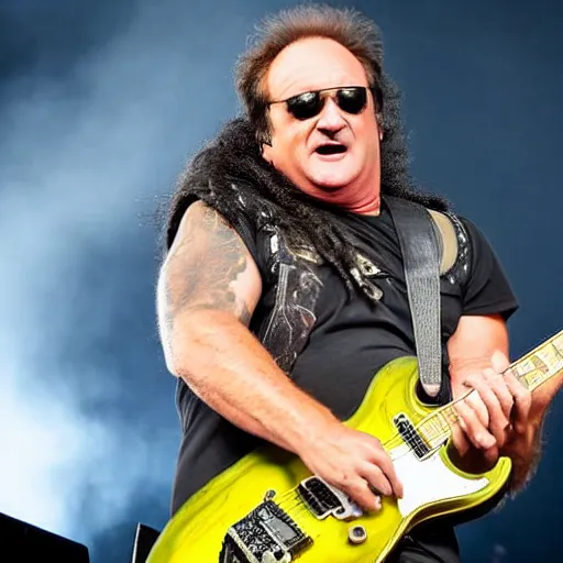 Prompt: smarmy - looking jim belushi playing a jackson kelly guitar with slayer at rock am ring, award - winning concert photography, 8 k