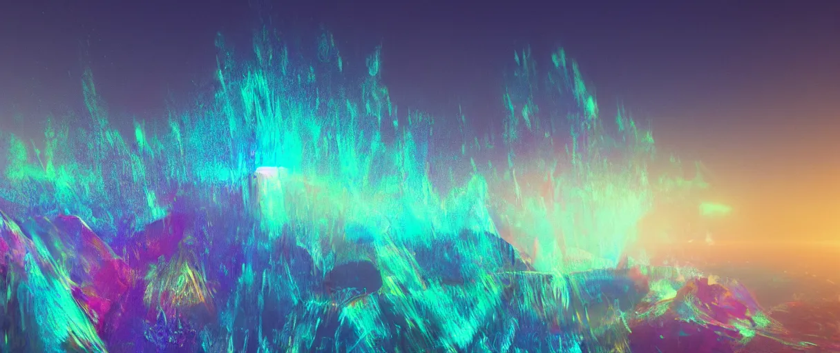 Image similar to dream landscape, simulation, glitch art, volumetric object, physical particles, translucence, cinematic lighting, iridescence, by ash thorpe