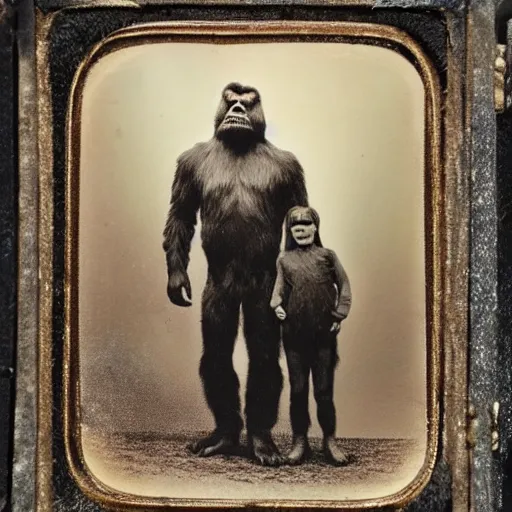 Image similar to a tintype family photo of bigfoot