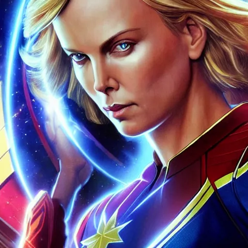 Prompt: Charlize Theron As Captain Marvel, artists portrait, fantasy, highly detailed, digital painting, concept art, sharp focus, depth of field blur, illustration, art by artgerm and greg rutkowski and alphonse mucha