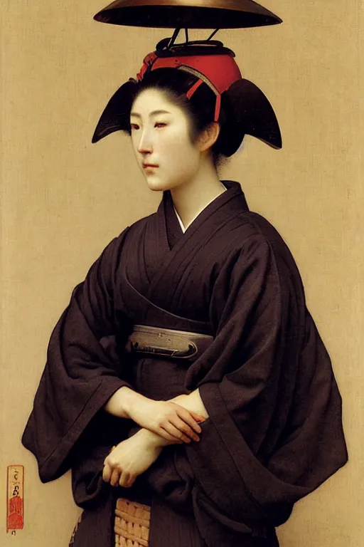 Prompt: portrait of a woman in samurai helmets, by bouguereau