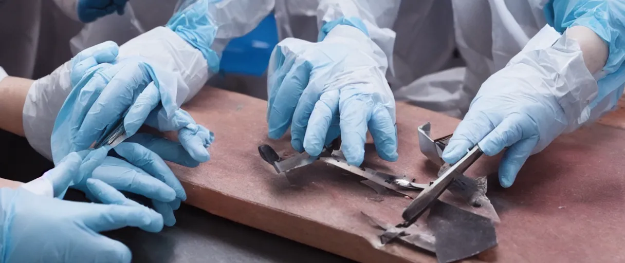 Prompt: filmic dutch angle extreme closeup movie still 4 k uhd 3 5 mm film color photograph of hands wearing surgical gloves holding dissection tools