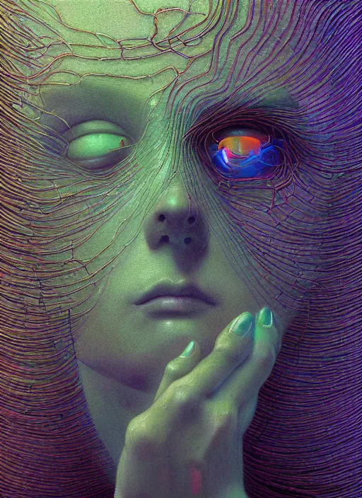 Image similar to A wall made out of eyes, flat, neon, RGB, glowing wires everywhere, pristine, by Edgar Maxence and Ross Tran, Zdzisław Beksiński, and Michael Whelan, gustav dore, H.R. Giger, 8k, octane render