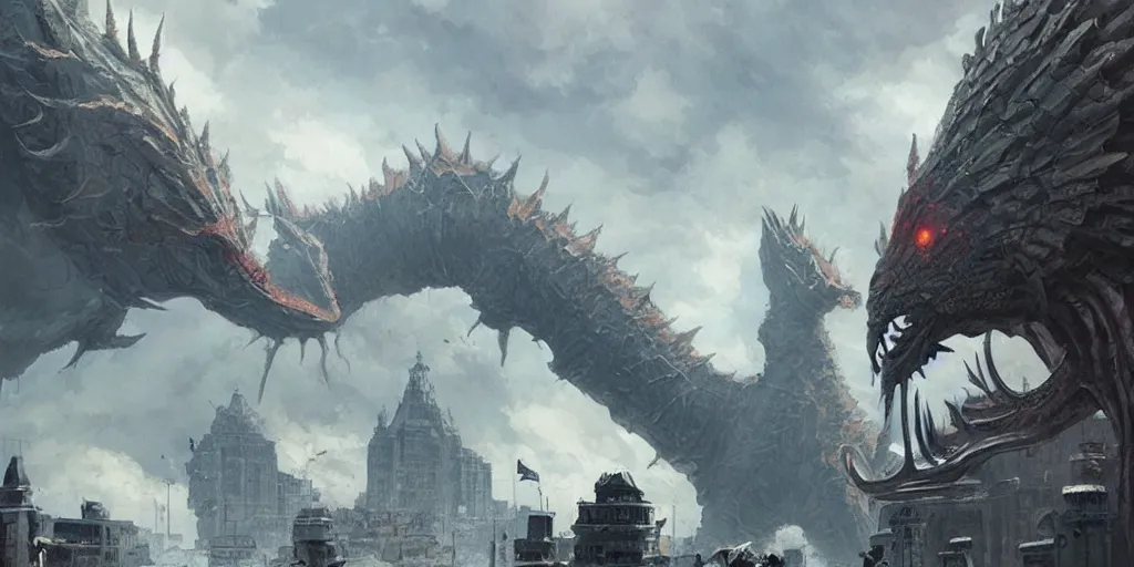 Image similar to kaiju attack in budapest painting, greg rutkowski, detailed, cinematic