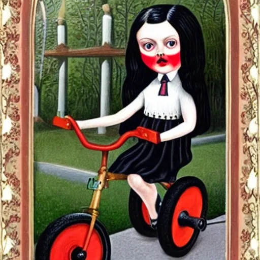 Image similar to Wednesday Addams on a tricycle, lowbrow painting by Mark Ryden