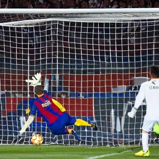 Image similar to messi scoring a bicycle kick with the real madrid shirt, the barca goalkeeper is a mole