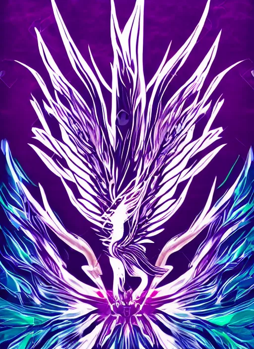 Prompt: white phoenix on salt crystals simple background simplified stylised poster art neat graphic design style holistic on purple flames